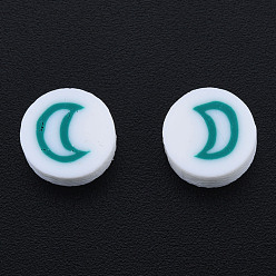 Teal Handmade Polymer Clay Beads, Flat Round with Moon, Teal, 9~9.5x4~5mm, Hole: 1.6mm