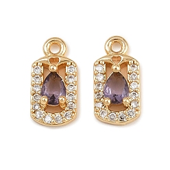 Фиолетовый Латунные микро проложить кубического циркония подвески, прямоугольник с подвесками-слезинками, реальный 18 k позолоченный, фиолетовые, 11x5.5x3 мм, отверстие : 1 мм