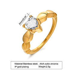 RC-414 Gold Stainless Steel Zirconia Heart Ring for Women - Unique European Style Jewelry