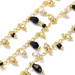 Black Handmade Brass Curb Chains, with Glass Charms, Real 18K Gold Plated, Soldered, with Spool, Black, 3mm