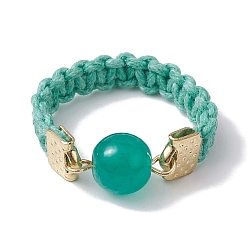 Turquoise Glass Round Ball Braided Bead Style Finger Ring, with Waxed Cotton Cords, Turquoise, Inner Diameter: 18mm