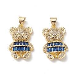 Dark Blue Brass Micro Pave Cubic Zirconia Pendants, Real 16K Gold Plated, Bear Charms, Dark Blue, 22x14x5mm, Hole: 5x3.5mm