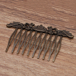 Antique Bronze Iron Hair Combs Findings, with Brass Flower, Antique Bronze, 75x48x3mm