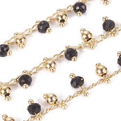 Black Handmade Glass Beaded Chains, with Brass Curb Chains, Long-Lasting Plated, with Spool, Soldered, Faceted, Rondelle, Golden, Black, 1.5mm, about 32.8 Feet(10m)/roll