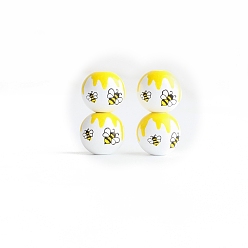 Bees Printed Wood European Beads, Large Hole Bead, Round, Yellow, Bees Pattern, 16mm, Hole: 4mm