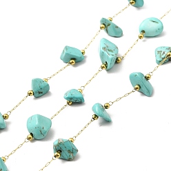 Turquoise Naturelle Placage ionique (ip) 316 chaînes de trombones en acier inoxydable chirurgical, avec des perles pépites de turquoise naturelle, soudé, réel 18 k plaqué or, avec bobine, 2.5x1x0.5mm