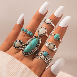 Seashell Color Synthetic Turquoise Finger Rings Set, Gothic Alloy Jewelry for Women, Seashell Color, Inner Diameter: 16~18mm, 1Pc/style, 8Pcs/set