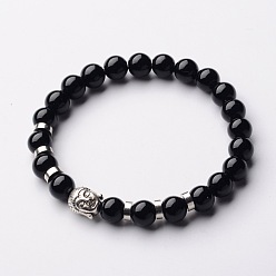 Black Stone Buddha Head Gemstone Beaded Stretch Bracelets, with Tibetan Style Beads and Brass Beads, Black Stone, 55mm