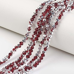 Dark Red Electroplate Transparent Glass Beads Strands, Half Silver Plated, Faceted, Rondelle, Dark Red, 3x2mm, Hole: 0.8mm, about 150~155pcs/strand, 15~16 inch(38~40cm)