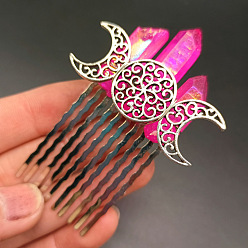 Fuchsia Moon Natural Dyed Quartz Hair Combs, with Alloy Combs, Hair Accessories for Women Girls, Fuchsia, 100x100mm