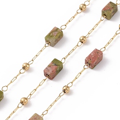 Unakite Natural Unakite Rectangle Beaded Chains, with Golden 304 Stainless Steel Findings, Unwelded, 4~4.5x2~2.5x2~2.5mm