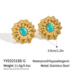 Настоящее золото 18K Серьги-гвоздики из нержавеющей стали с синтетической бирюзой в виде цветка, реальный 18 k позолоченный, 30 мм