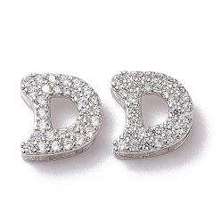 Letter D 925 Sterling Silver Micro Pave Cubic Zirconia Beads, Real Platinum Plated, Letter D, 9.5x9x3.5mm, Hole: 2.5x1.5mm
