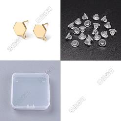 Hexagon Brass Stud Earring Findings, with Loop, with Plastic Ear Nuts, Real 14K Gold Plated, Hexagon, 11.5x8x1.5mm, Hole: 1.2mm, Pin: 1mm