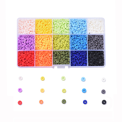 Mixed Color 15 Colors Eco-Friendly Handmade Polymer Clay Beads, for DIY Jewelry Crafts Supplies, Disc/Flat Round, Heishi Beads, Mixed Color, 4x1mm, Hole: 1mm, 15 Colors, about 380~400pcs/color, 5700~6000pcs/box