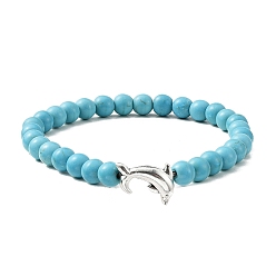 Sky Blue Tibetan Style Alloy Dolphin & Synthetic Turquoise Round Beaded Stretch Bracelet, Sky Blue, Inner Diameter: 2 inch(5cm)