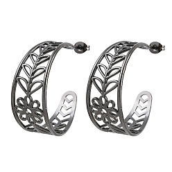 Black 304 Stainless Steel Flower with Leaf Stud Earrings for Women, Half Hoop Earrings, Ion Plating(IP), Black, 34x15mm