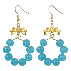 Sky Blue Imitation Jade Glass Beaded Ring Dangle Earrings, Golden Alloy Bowknot Long Drop Earrings, Sky Blue, 63x32mm