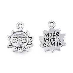 Antique Silver Tibetan Style Alloy Charms, Cadmium Free & Lead Free, Sun with Word Made with a Smile, Antique Silver, 15x12x2.5mm, Hole: 1.5mm, about 1000pcs/1000g