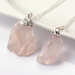 Rose Quartz Natural Bezel Raw Rough Gemstone Rose Quartz Pendant Necklaces, with Brass Chains and Spring Ring Clasps, 18 inch