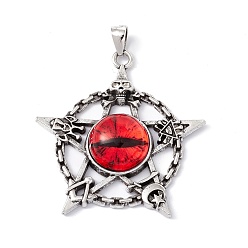 Red Glass Pendants, with Antique Silver Plated Alloy Findings, Star with Evil Eye, Red, 47x44x9mm, Hole: 7x4mm