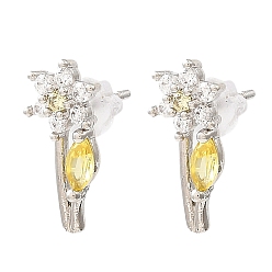 Yellow Flower Platinum Brass Stud Earrings, with Clear Cubic Zirconia, Long-Lasting Plated, Lead Free & Cadmium Free, Yellow, 15x6.5mm