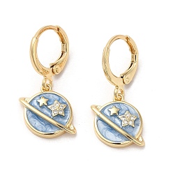 Steel Blue Planet Real 18K Gold Plated Brass Dangle Leverback Earrings, with Enamel and Cubic Zirconia, Steel Blue, 26.5x15mm