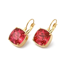 Crimson Glass Rectangle Leverback Earrings, Real 14K Gold Plated 304 Stainless Steel Jewelry, Crimson, 24x13.5x14mm, Pin: 0.8mm