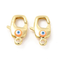 Orange Brass Lobster Claw Clasps, with Enamel, Real 18K Gold Plated, Long-Lasting Plated, Evil Eye Pattern, Orange, 20x16x2mm, Hole: 2~3mm