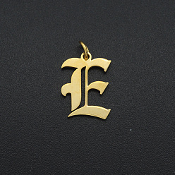 Letter E 201 Stainless Steel Pendants, with Jump Ring, Old English, Letter, Laser Cut, Golden, Letter.E, 16x12x1mm, Hole: 3mm