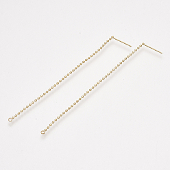 Real 18K Gold Plated Brass Stud Earring Findings, Ear Threads, with Loop, Real 18K Gold Plated, 81x1.5mm, Hole: 1.5mm, Pin: 0.8mm