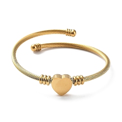 Golden 304 Stainless Steel Cuff Bangle with 201 Stainless Steel Heart Beaded, Golden, Inner Diameter: 2-1/4 inch(5.55~5.8cm)