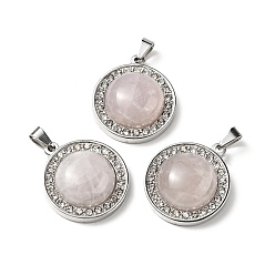 Rose Quartz Natural Rose Quartz Pendants, with Stainless Steel Color Tone 304 Stainless Steel and Crystal Rhinestone Findings, Half Round Charm, 24.5x21x8mm, Hole: 3.5x6mm
