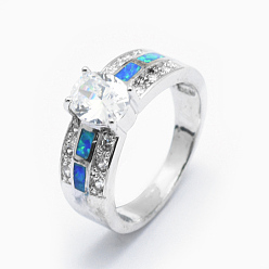 Platinum Cubic Zirconia Finger Rings, with Synthetic Opal and Brass Findings, Long-Lasting Plated, Oval, Clear, Platinum, US Size 7 1/4(17.5mm)