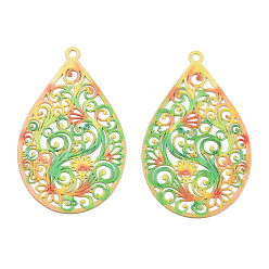 Зеленый лайм Окрашены распылением 430 филигранные большие подвески из нержавеющей стали, гравированные металлические украшения, слеза, зеленый лайм, 45x28.5x0.5 мм, отверстие : 2 мм