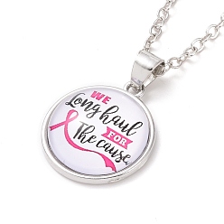 Word Glass Flat Round Pendant Necklace with Brass Chain, Breast Cancer Awareness Ribbon Jewelry for Women, Word, 18.70 inch(47.5cm)