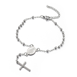 Stainless Steel Color 304 Stainless Steel Charm Bracelets, with Lobster Claw Clasps, Cross and Oval with Virgin Mary, Stainless Steel Color, 6-7/8 inch(17.5cm), Cross: 20x12x1mm