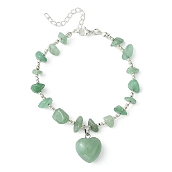 Green Aventurine Natura Green Aventurine Heart Charm Bracelet with Chips Beaded Chains, Brass Bracelet, 9 inch(22.8cm)