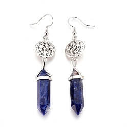 Sodalite Pointed Bullet Natural Sodalite Dangle Earrings, with Brass Earring Hooks and Flat Round with Flower of Life Links, Platinum, 77mm, Pin: 0.7mm