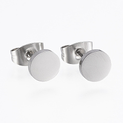 Stainless Steel Color 304 Stainless Steel Stud Earrings, Hypoallergenic Earrings, Flat Round, Stainless Steel Color, 10x1mm, Pin: 0.8mm