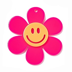 Deep Pink Opaque Acrylic Big Pendants, Sunflower with Smiling Face Charm, Deep Pink, 55x50.5x5mm, Hole: 2.5mm