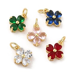 Mixed Color Brass Pendants, with Cubic Zirconia, Lead Free & Cadmium Free, Clover Charms, Real 18K Gold Plated, Mixed Color, 13x10x5mm, Hole: 3.4mm