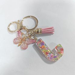 Letter J Acrylic and Resin Keychain, with Tassel, Alloy Rings, Butterfly, 10.02cm, Pendant: 23~43mm