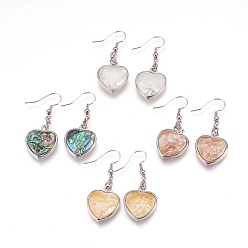 Mixed Color Shell Dangle Earrings, with Platinum Tone Brass Findings, Heart, Mixed Color, 43.5mm, Pin: 0.7mm