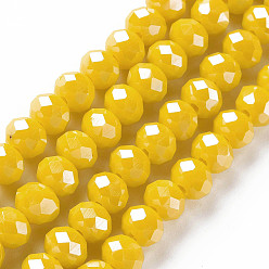 Yellow Electroplate Glass Beads Strands, Pearl Luster Plated, Faceted, Rondelle, Yellow, 3.5x3mm, Hole: 0.4mm, about 123~127pcs/strand, 13.7~14.1 inch(35~36cm)