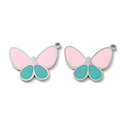 Pink 304 Stainless Steel Pendants, with Enamel, Butterfly Charm, Stainless Steel Color, Pink, 16.5x21x1.5mm, Hole: 1.6mm