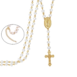 White Glass Rosary Bead Necklace, Golden Brass Cross & Jesus Pendant Necklace, White, 19.69 inch(50cm)