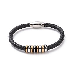 Golden & Stainless Steel Color Black Leather Braided Cord Bracelet with 304 Stainless Steel Magnetic Clasps, 201 Stainless Steel Beaded Punk Wristband for Men Women, Golden & Stainless Steel Color, 8-5/8 inch(22cm)