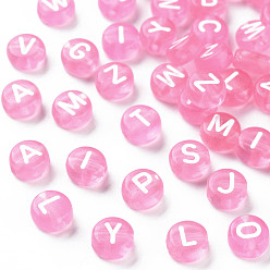 Pearl Pink Transparent Acrylic Beads, Horizontal Hole, Mixed Letters, Flat Round, Pearl Pink, 7x4mm, Hole: 1.5mm, about 3700pcs/500g