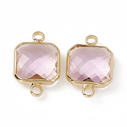 Light Rose Transparent K9 Glass Connector Charms, with Light Gold Plated Brass Findings, Faceted, Square Links, Light Rose, 19.5x12.5x4.5mm, Hole: 2.2mm